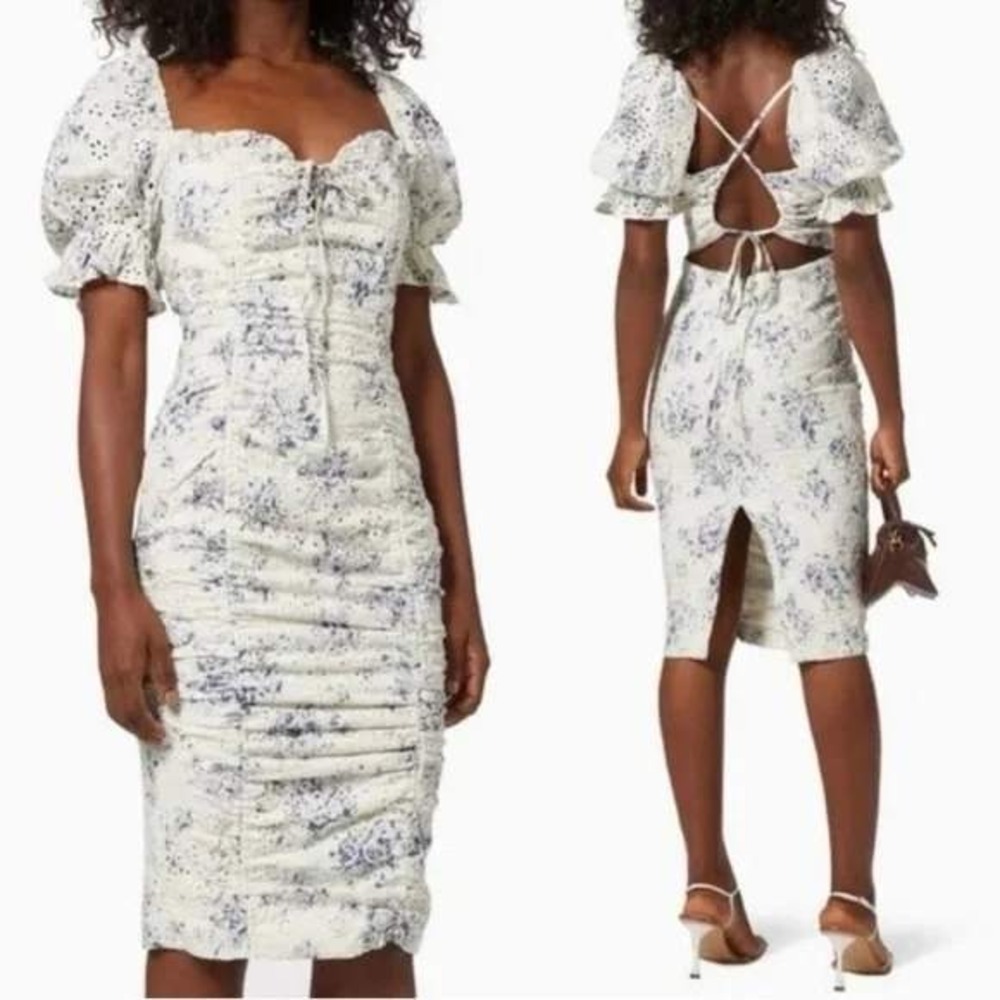 LAVISH ALICE Blue Toile Broderie Ruched Puff Sleeve Open-Back Midi Dress 10